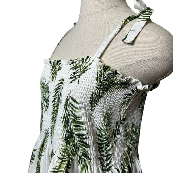 H&M Green White Camisole Top With Smocking Palm Tree Tropical Print Size Large - Picture 4 of 9